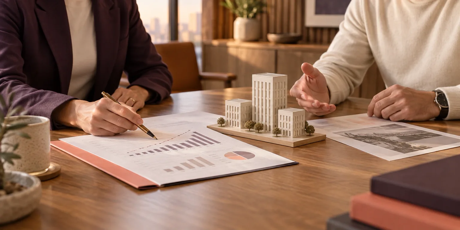 Illustrative founders and capital partners reviewing a business growth plan
